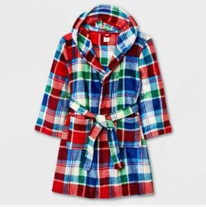 Cat & Jack Kids Plush Hooded Robe in Red, Blue & Green Plaid XL